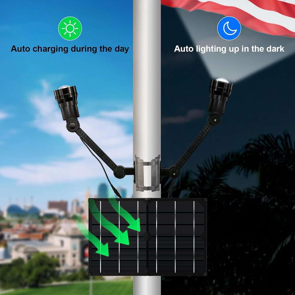 Flag Pole Light Solar Powered, 2-in-1 Super Bright Zoomable Solar Flag Light, 12000mAh 360 Degrees Illumination,Adjustable Bracket, Solar Flagple Light for Most Outdoor 15 to 40 Ft Flag poles