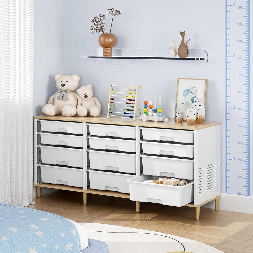 12 Drawers Storage Cabinet with Wooden Top and Plastic Bins, Toy Shelf Storage Chest Cubby Organizer for Home, Office, Playroom, Classroom & Craft Room Storage (White)