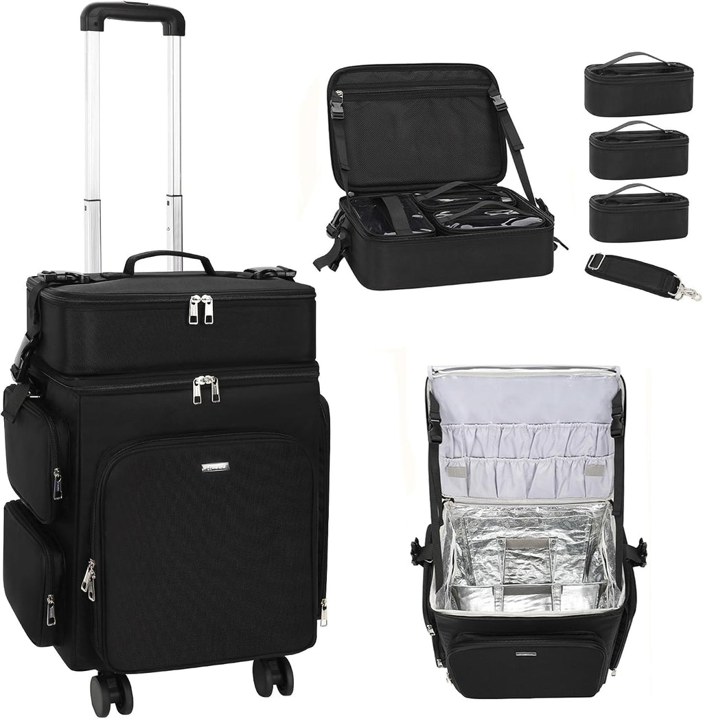 Relavel Rolling Makeup Case, 2 in 1 Hairstylist Traveling Bag Cosmetology Case on Wheels Large Hair Tools Cosmetics Train Case Makeup Artist Storage Organizer Trolley Suitcase with 360° Swivel Wheels