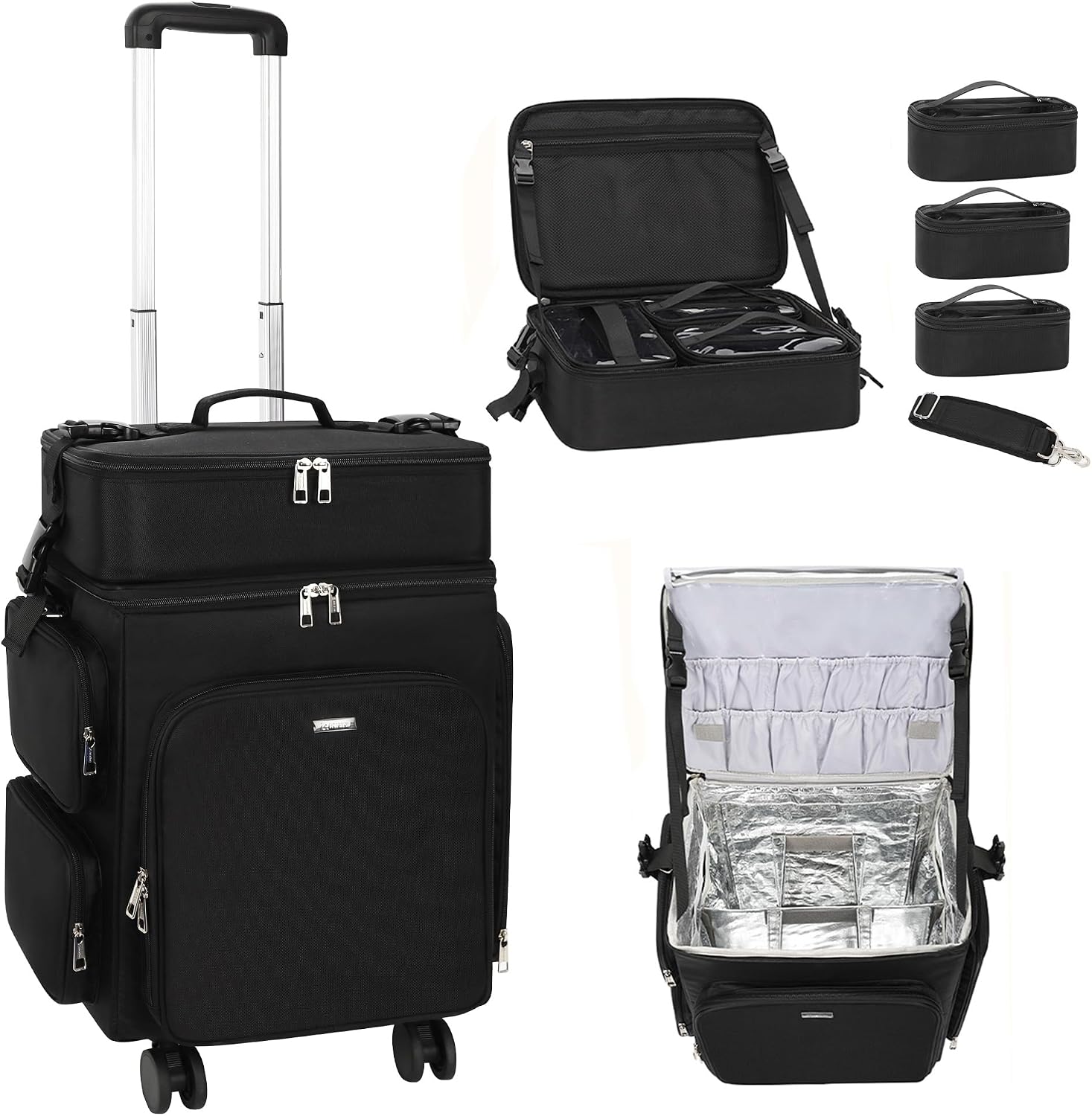 Relavel Rolling Makeup Case, 2 in 1 Hairstylist Traveling Bag Cosmetology Case on Wheels Large Hair Tools Cosmetics Train Case Makeup Artist Storage Organizer Trolley Suitcase with 360° Swivel Wheels