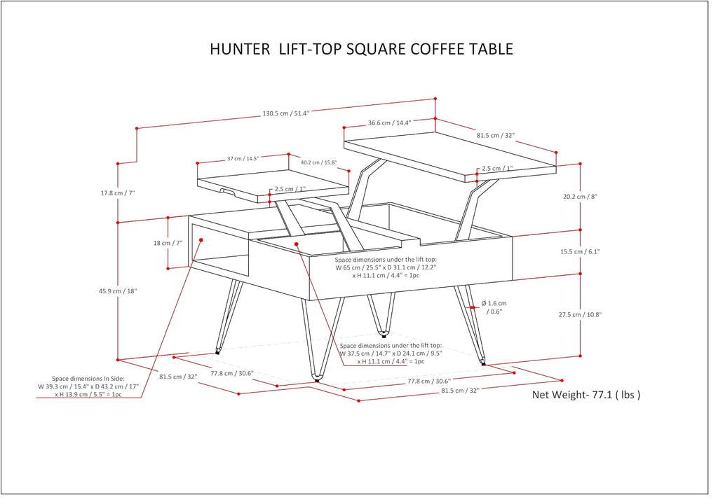 SIMPLIHOME Hunter Lift Top Coffee Table - 32 inch Wide Solid Mango Wood Industrial Square Cocktail Table in Umber Brown, Living Room Table with Dual Lift Tops, Hidden Storage and Gold Hairpin Legs