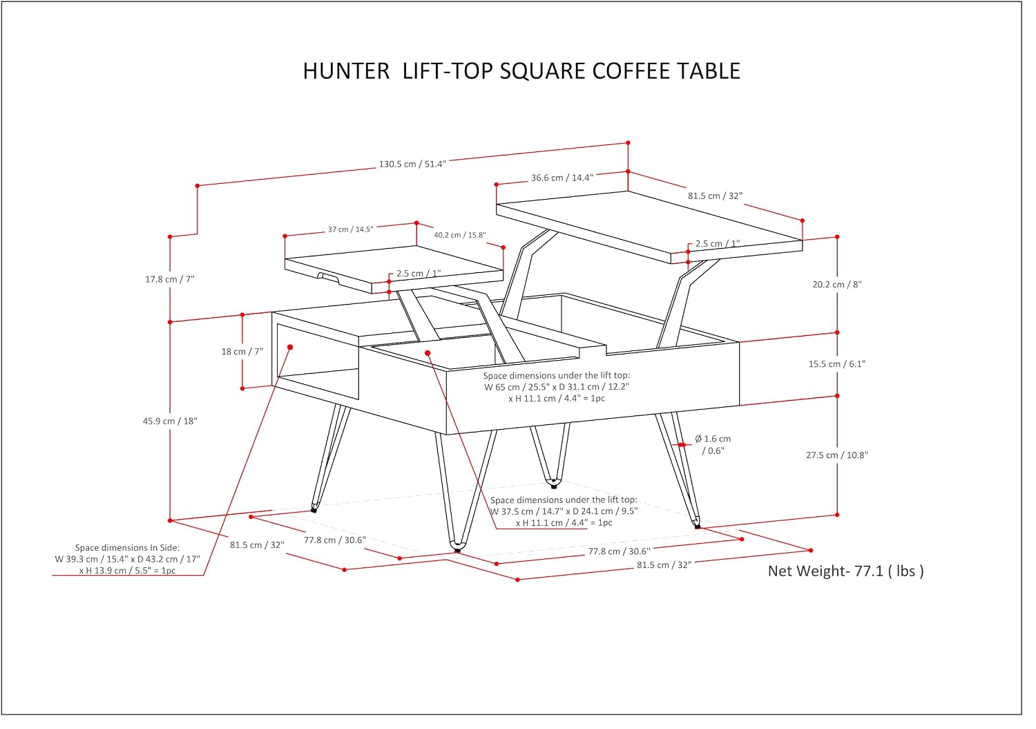SIMPLIHOME Hunter Lift Top Coffee Table - 32 inch Wide Solid Mango Wood Industrial Square Cocktail Table in Umber Brown, Living Room Table with Dual Lift Tops, Hidden Storage and Gold Hairpin Legs