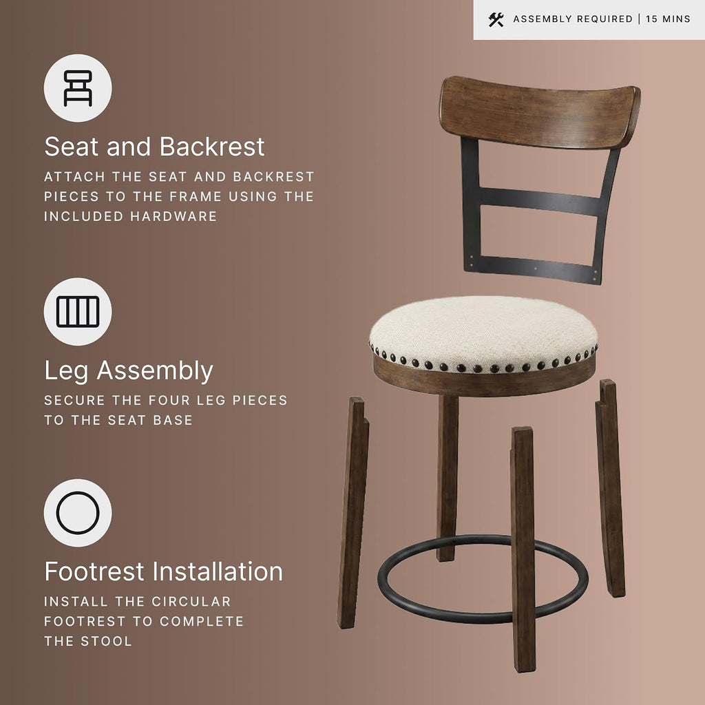 Signature Design by Ashley Valebeck Swivel Barstool With Back, Rustic-Industrial Wood and Metal, 360-Degree Swivel Counter Height Stool for Kitchen Island Seating, Linen Color