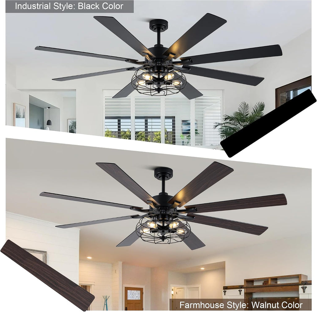 72 Inch Farmhouse Ceiling Fan with Lights and Remote Industrial Caged Ceiling Fan Large Rustic Fandelier Chandelier Light for Indoor Outdoor, 5 E26 Bulbs (Not Included), Reversible 6 Speeds