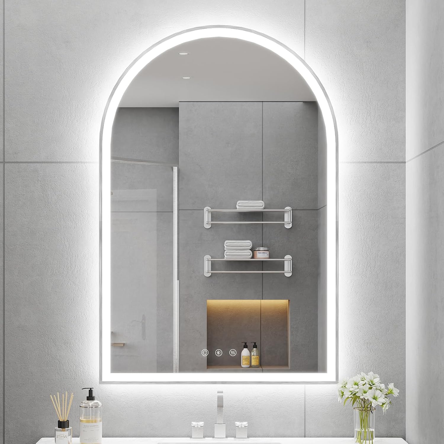 Arched LED Mirror for Bathtoom 24'x36', Silver LED Bathroom Mirror with Lights-Fogless, Dimmable, Shatterproof, Touch Sensor, 3 Color Changing