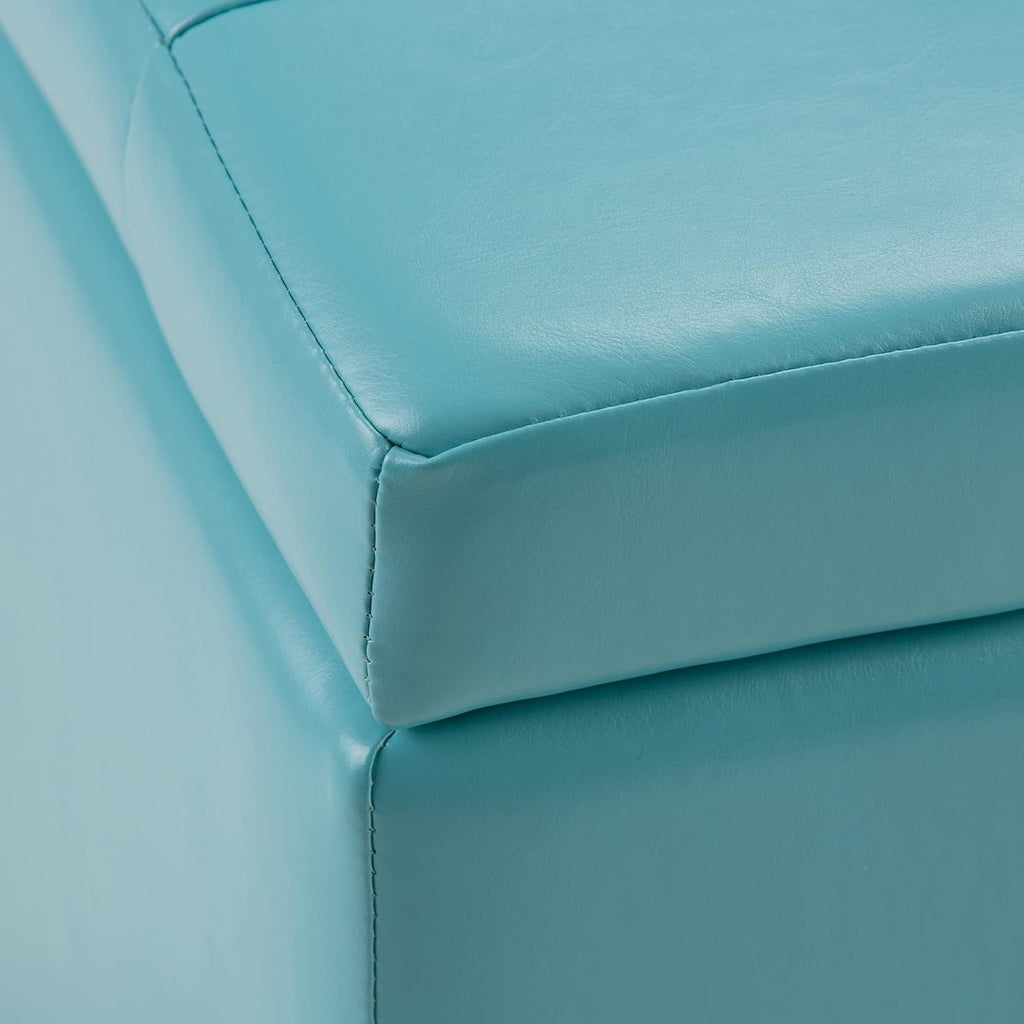 SIMPLIHOME Cosmopolitan Storage Ottoman - 34 inch Wide Upholstered Vegan Leather Rectangle Storage Ottoman Bench in Soft Blue, Transitional Tufted Ottoman for Living Room or Entryway with Lift-Up Lid