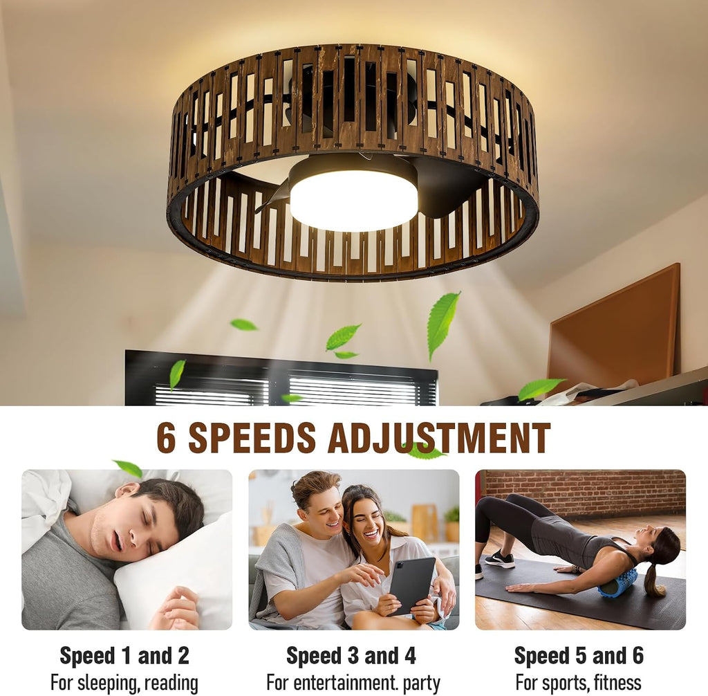 fandelier ceiling fan with light,low profile ceiling fans with led lights,boho ceiling fan,farmhouse 20' caged bladeless ceiling fan with remote for Bedroom Kitchen Kid's Room