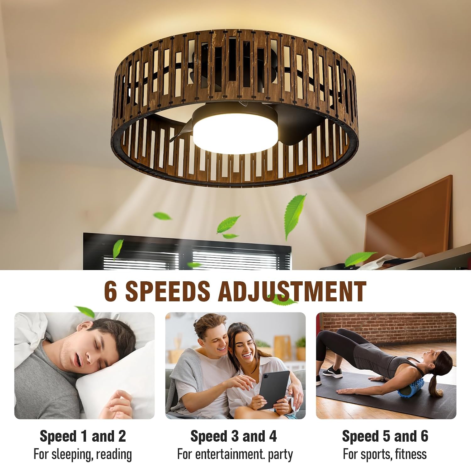 fandelier ceiling fan with light,low profile ceiling fans with led lights,boho ceiling fan,farmhouse 20' caged bladeless ceiling fan with remote for Bedroom Kitchen Kid's Room