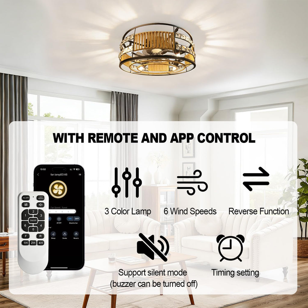 Ceiling Fans with Lights Flush Mount, 20 Inch Caged Low Profile Ceiling Fans with 3 Mode Lighting and Remote Control with E26 Bulbs for Bedroom, Nursery, Garage (Brown)
