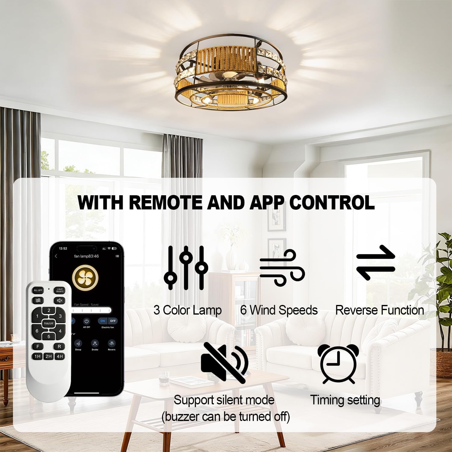 Ceiling Fans with Lights Flush Mount, 20 Inch Caged Low Profile Ceiling Fans with 3 Mode Lighting and Remote Control with E26 Bulbs for Bedroom, Nursery, Garage (Brown)
