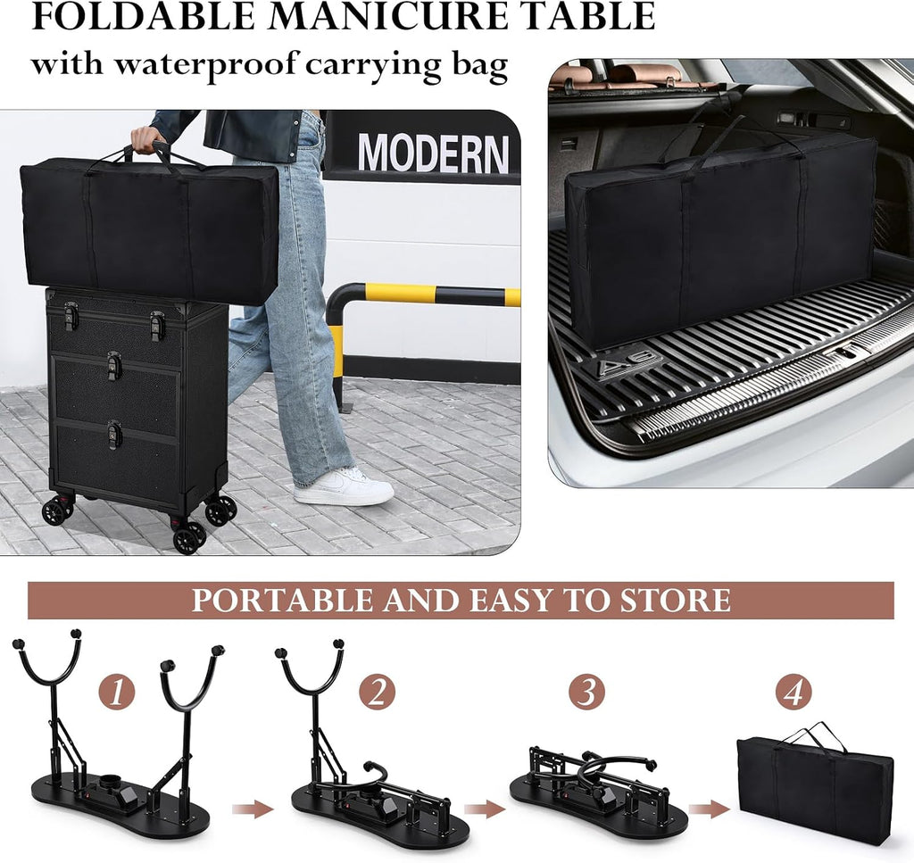 Faquenc Rolling Makeup Train Case With 2 Extra Large Drawers, Nail Organizer, Foldable Table With Electric Dust Collector, Manicure Desk for Mobile Stylists, Artist Salon Cart Trunk - Black