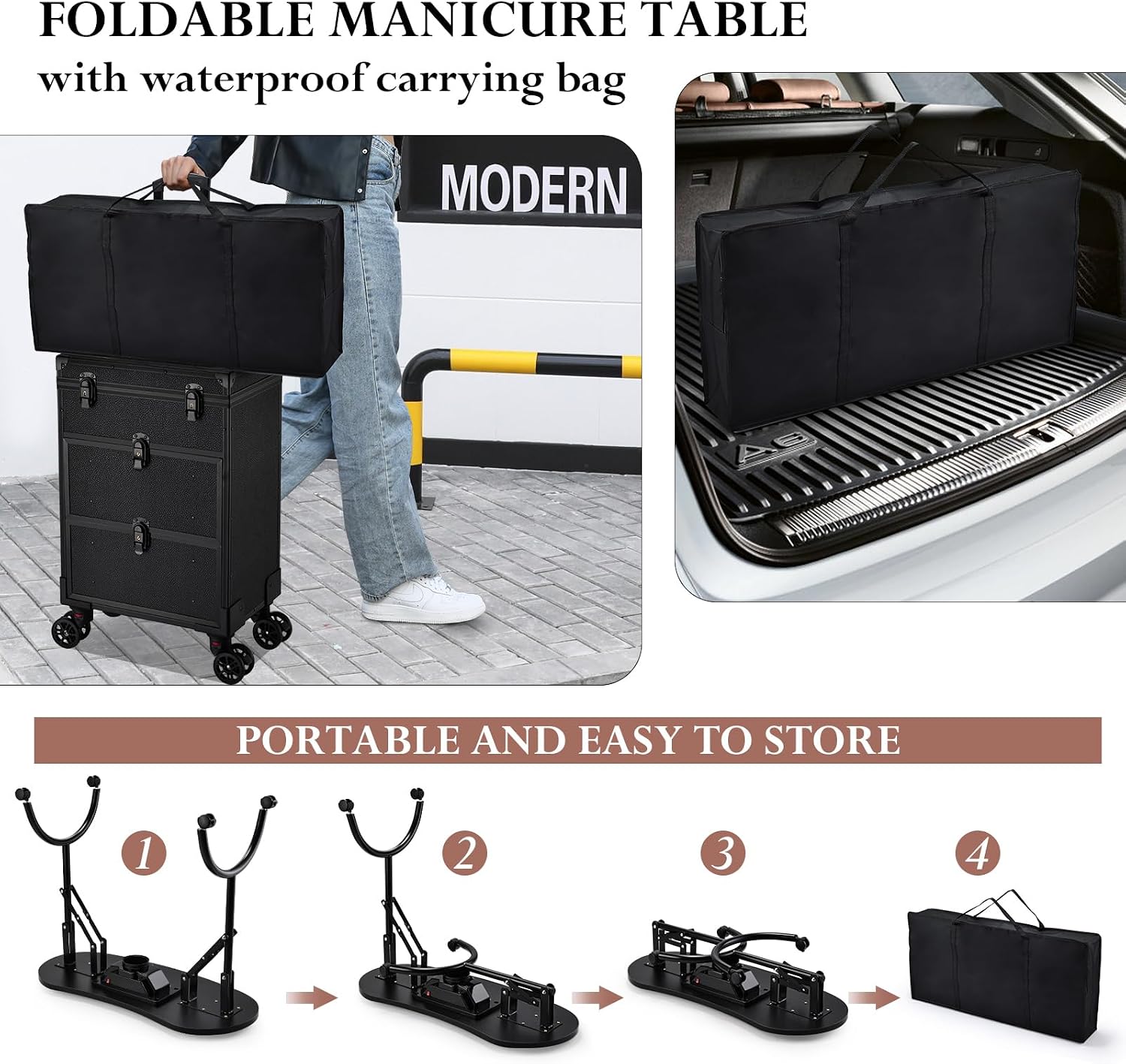 Faquenc Rolling Makeup Train Case With 2 Extra Large Drawers, Nail Organizer, Foldable Table With Electric Dust Collector, Manicure Desk for Mobile Stylists, Artist Salon Cart Trunk - Black