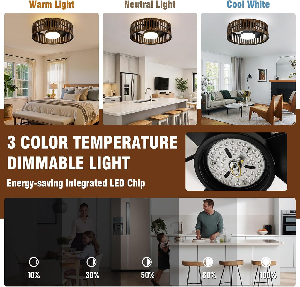 fandelier ceiling fan with light,low profile ceiling fans with led lights,boho ceiling fan,farmhouse 20' caged bladeless ceiling fan with remote for Bedroom Kitchen Kid's Room
