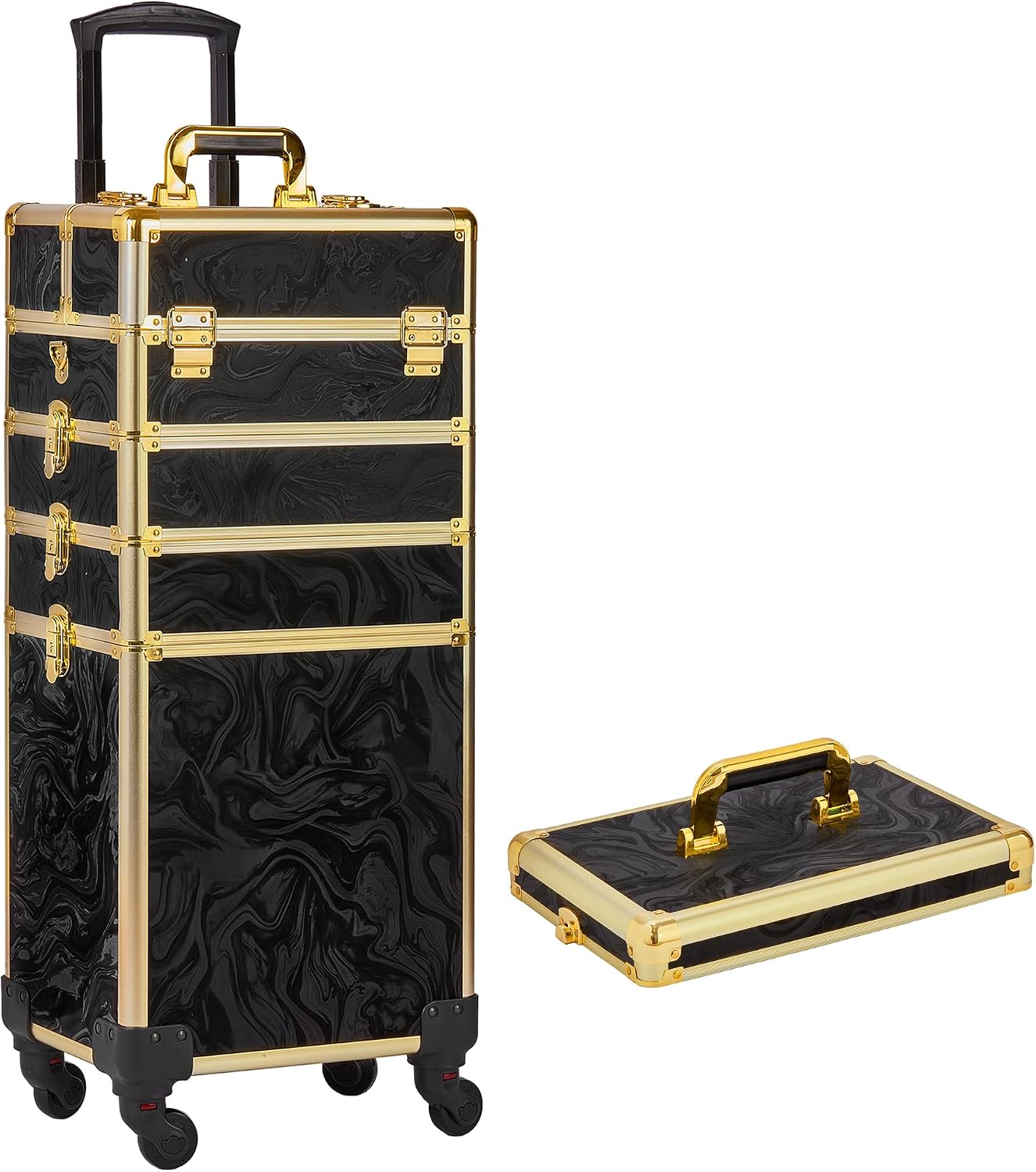 Somduy Rolling Makeup Case, Makeup Train Case with Lid, 5 in 1 Cosmetology Case on Wheels, Christmas Gift, Large Makeup Organizers, Profesional Cosmetic Case for Salon Barber, Pattern Black Gold