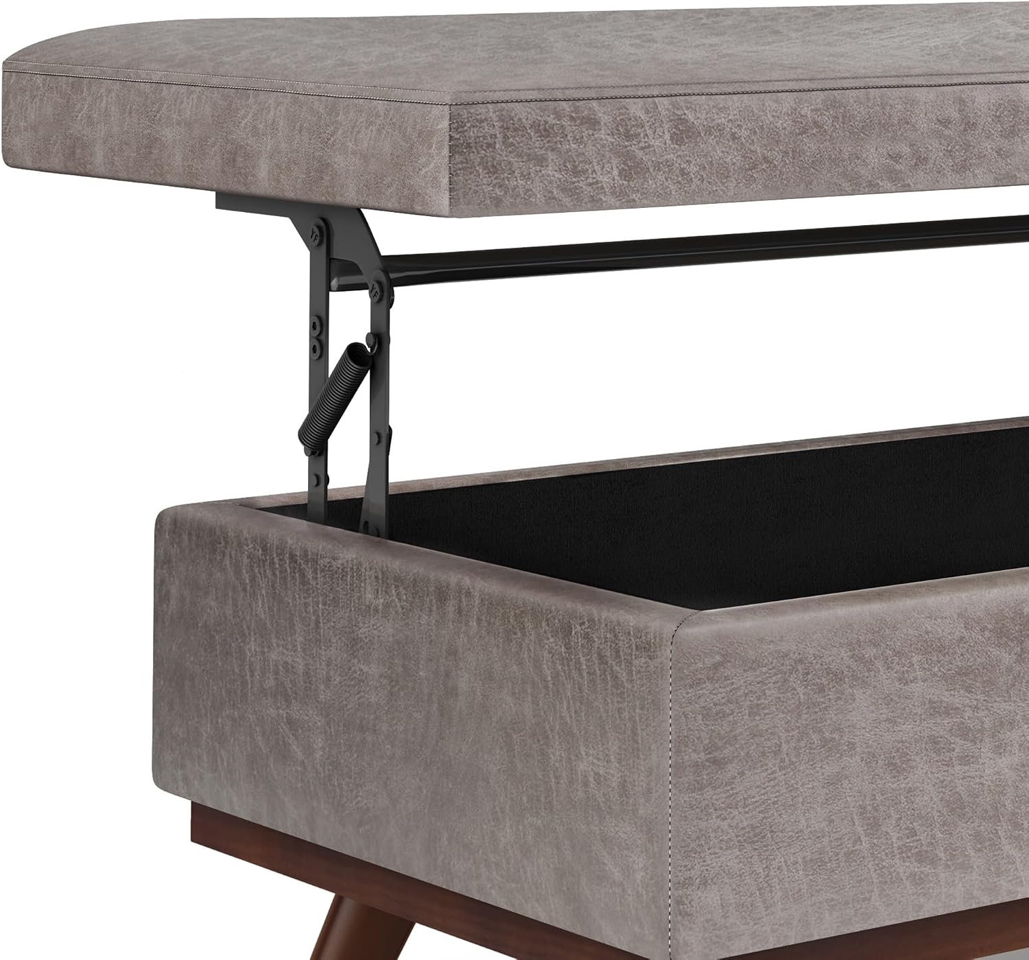 SIMPLIHOME Owen Lift Top Coffee Table Storage Ottoman - 42 inch Wide Upholstered Vegan Leather Rectangular Lift-Top Ottoman in Distressed Grey Taupe, Mid-Century Modern Ottoman for Living Room
