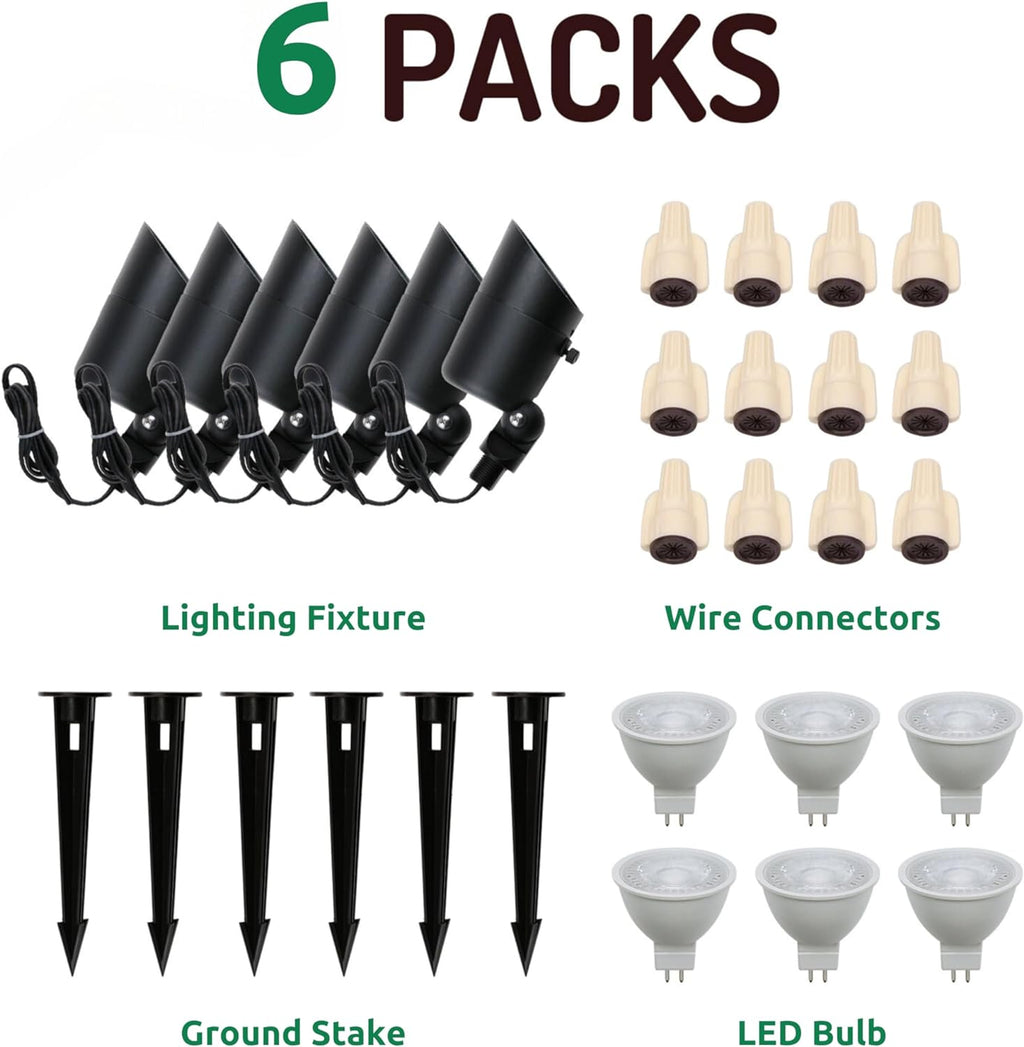 Lumina Lighting® 4W Landscape Lighting 12V Landscape Lights Low Voltage Landscape Spotlights Warm White Waterproof Outdoor Replaceable LED Bulb for Garden, Lawn, Porch, Patio and Yard (Black, 6-Pack)