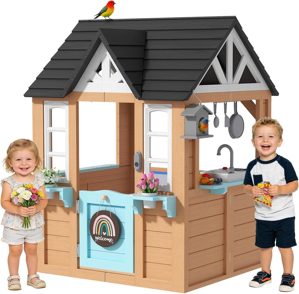 BIERUM Outdoor Playhouse for Kids - Wooden Kid Play House with Play Kitchen, Birdhouse, Flowerpot Holders and Mud Molds, Premium Wood Kids Cottage for Ages 3-8, Backyard Pretend Play, Blue & Brown