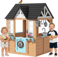 BIERUM Outdoor Playhouse for Kids - Wooden Kid Play House with Play Kitchen, Birdhouse, Flowerpot Holders and Mud Molds, Premium Wood Kids Cottage for Ages 3-8, Backyard Pretend Play, Blue & Brown