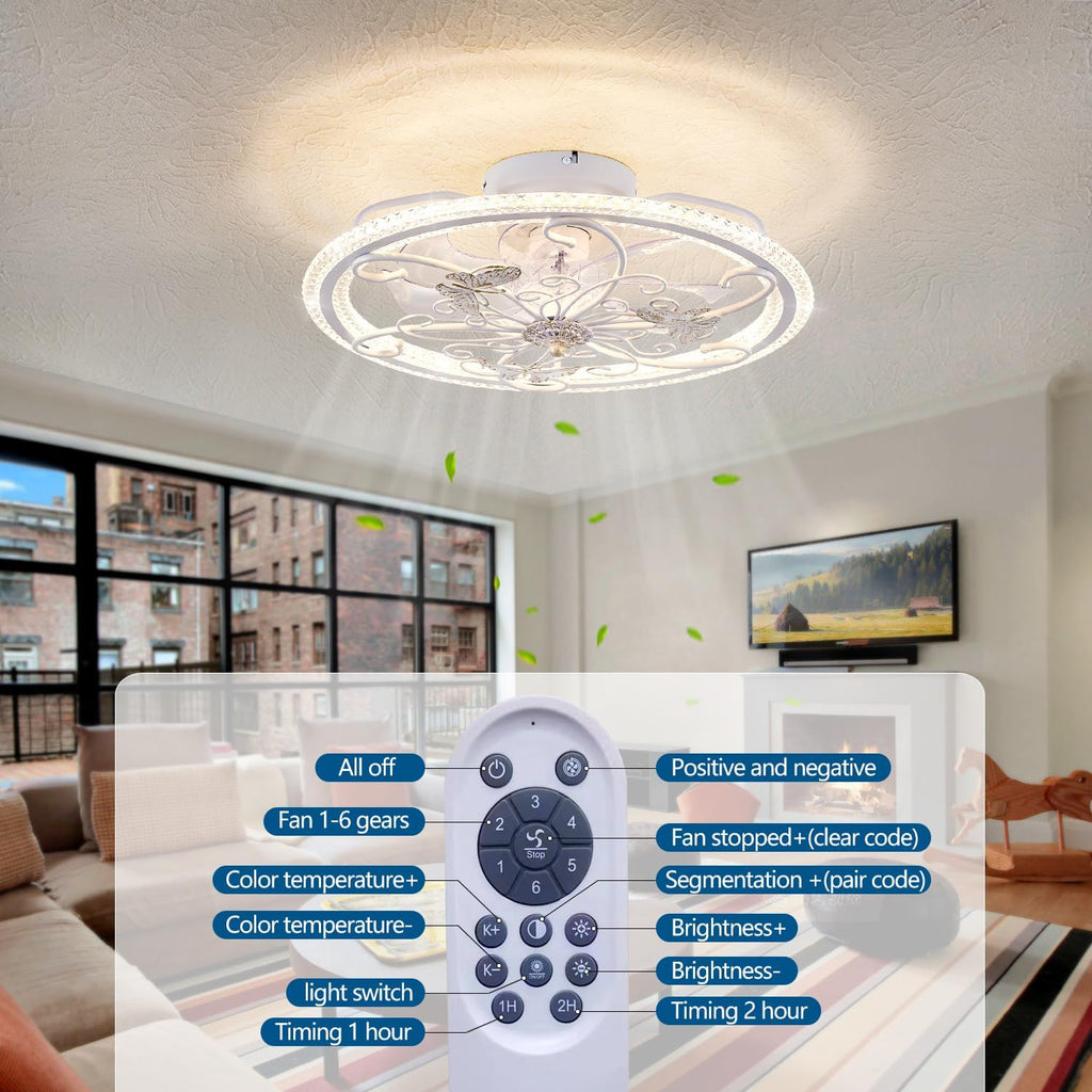 20' White Ceiling Fan with Lights Remote Control, 6 Speeds Retro Industrial Caged Ceiling Fan with Light for Kitchen Bedroom Living Room