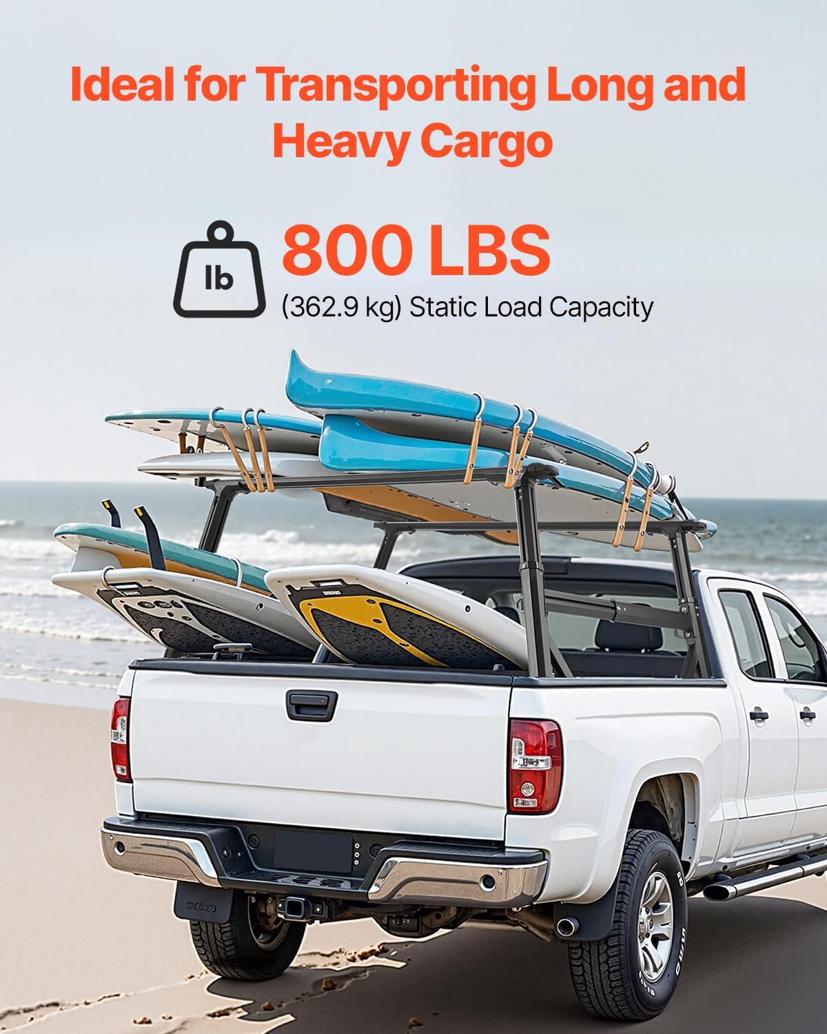 VEVOR Truck Ladder Rack, 21-31.5 in Height, Adjustable Non-Drilling Aluminum Cargo Rack with Sidebar, 800 lbs Static Capacity, Ideal for Canoes, Surfboards, Ladders, Lumber, Tents, and Large Cargo