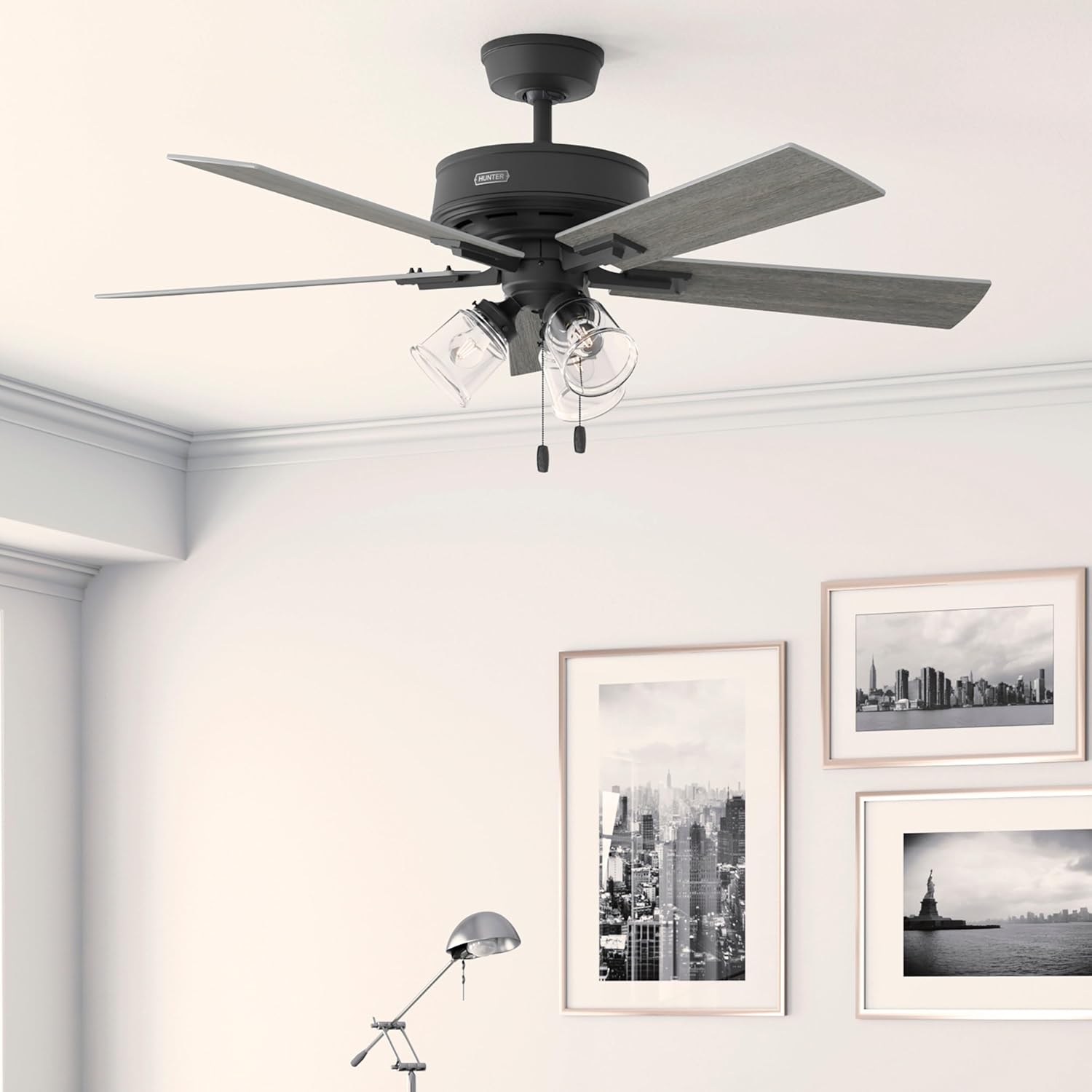 Hunter Fan 52 Inch Matte Black Ceiling Fan with Light and Pull Chain for Bedroom, Dining Room, Kitchen, Office (Renewed)