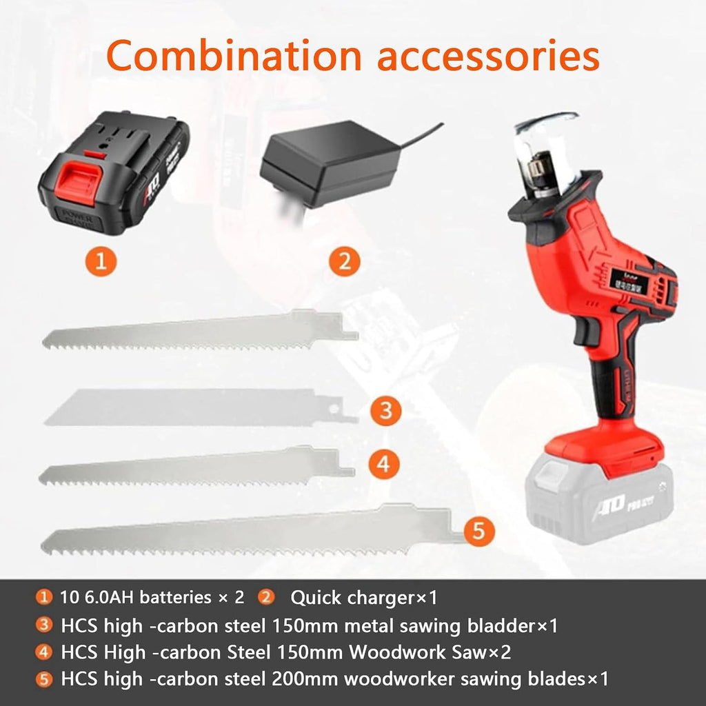 Cordless Reciprocating Saw With-2x 6000mah Batteries and 4 Pcs Saw Blades,Led Illuminated Cordless Saber Saw,Compact One-Handed Tool for Pruning/Wood/Plastic/Bone Cutting Outdoors
