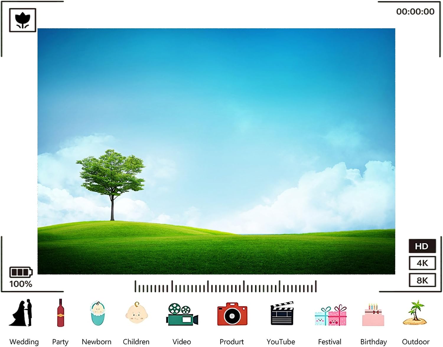 Trykid 20x10ft Lone Green Tree Backdrop Rolling Grassy Hill Clear Landscape Photography Background Minimalist Nature Tapestry Party Decoration Photo Studio Prop Fabric