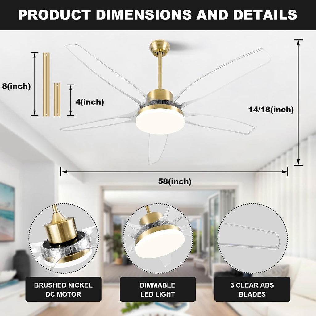 OKELI Clear Ceiling Fan with Light, 58 Inch Gold Transparent Ceiling Fans with Light and Remote 3 Reversible Blade LED Ceiling Fan and Light Combo for Living Room, Bedroom, Patio