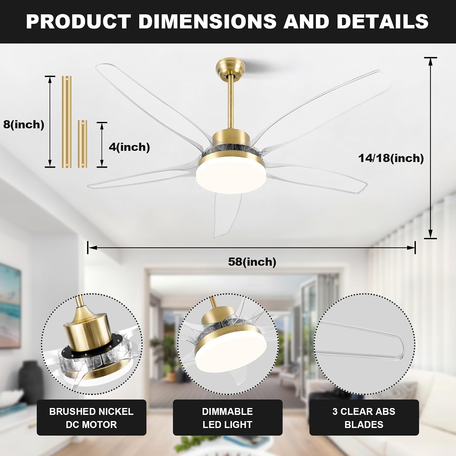 OKELI Clear Ceiling Fan with Light, 58 Inch Gold Transparent Ceiling Fans with Light and Remote 3 Reversible Blade LED Ceiling Fan and Light Combo for Living Room, Bedroom, Patio