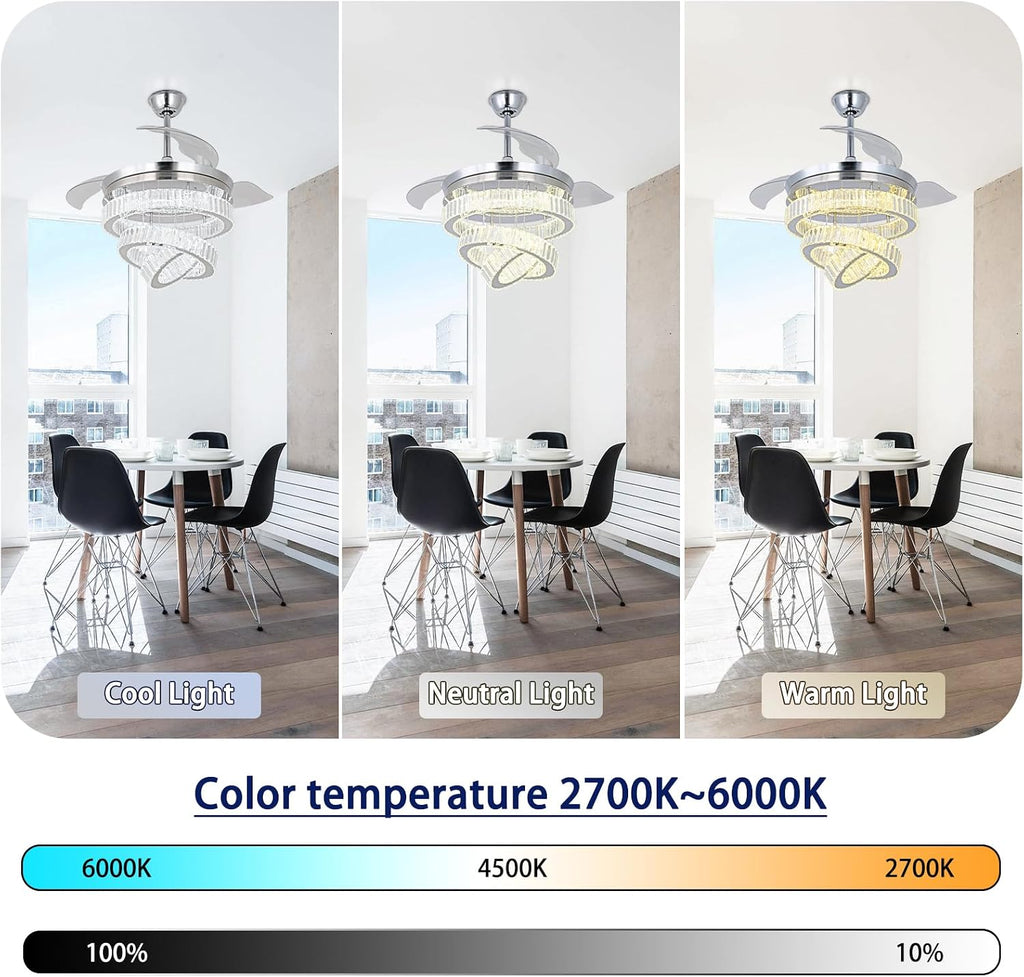 42'' Chrome Crystal Fandelier Ceiling Fan with Lights, Dimmable LED Chandelier Fan, Retractable Blades, Remote & APP Control, 6-Speed Reversible, Flush Mount for Bedroom Living Room Dining Room