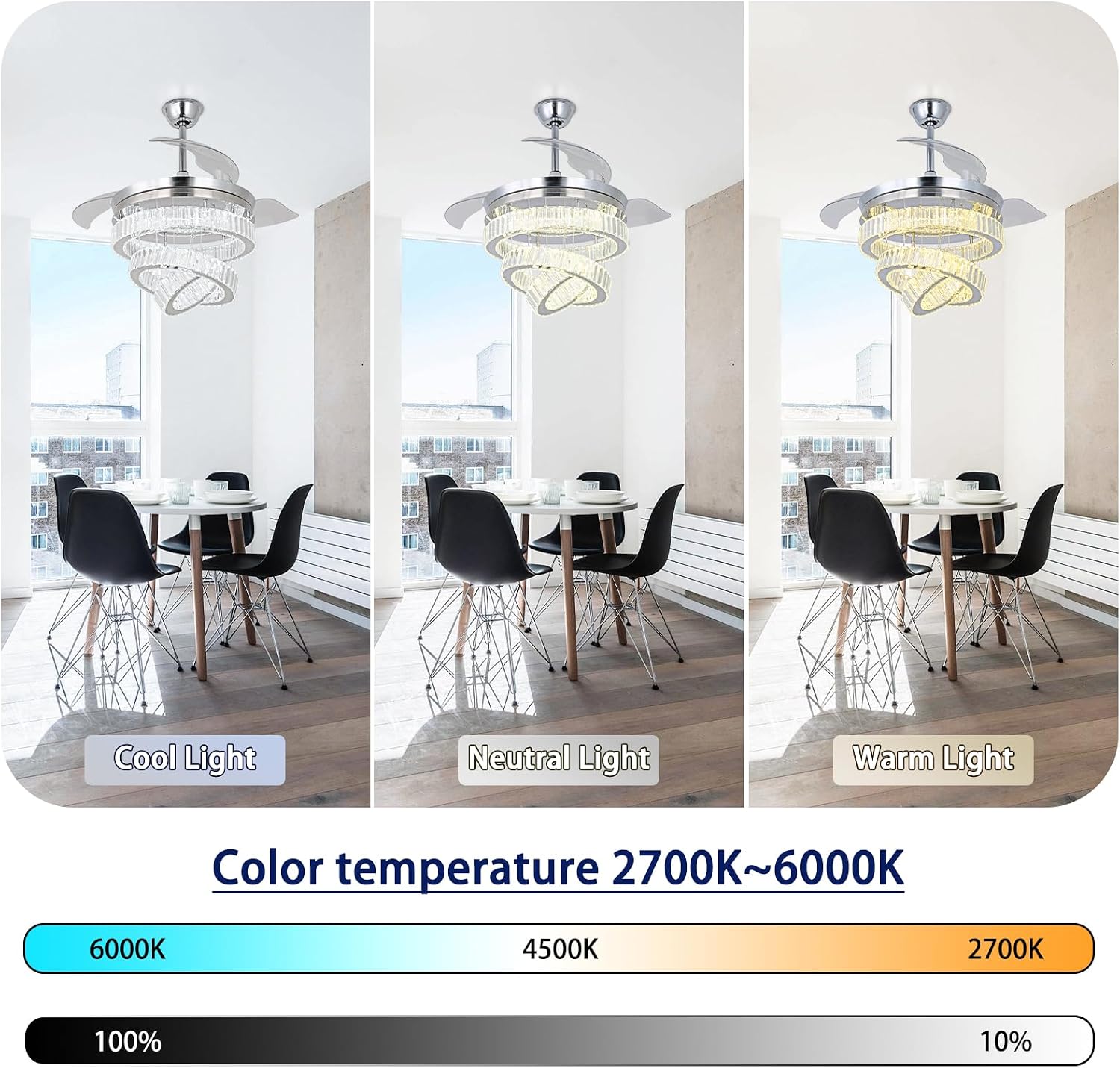 42'' Chrome Crystal Fandelier Ceiling Fan with Lights, Dimmable LED Chandelier Fan, Retractable Blades, Remote & APP Control, 6-Speed Reversible, Flush Mount for Bedroom Living Room Dining Room