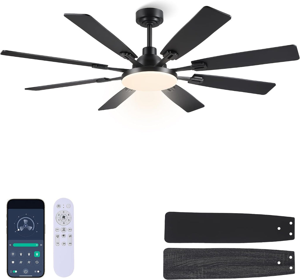 JSAITEE 60In Ceiling Fans with Lights - Black Low Profile Fan Light with 8 Blades, 6 Wind Speeds Reversible, Dimmable, Modern Light Fixture for Indoor Living Room, Kitchen, Coverd Patios