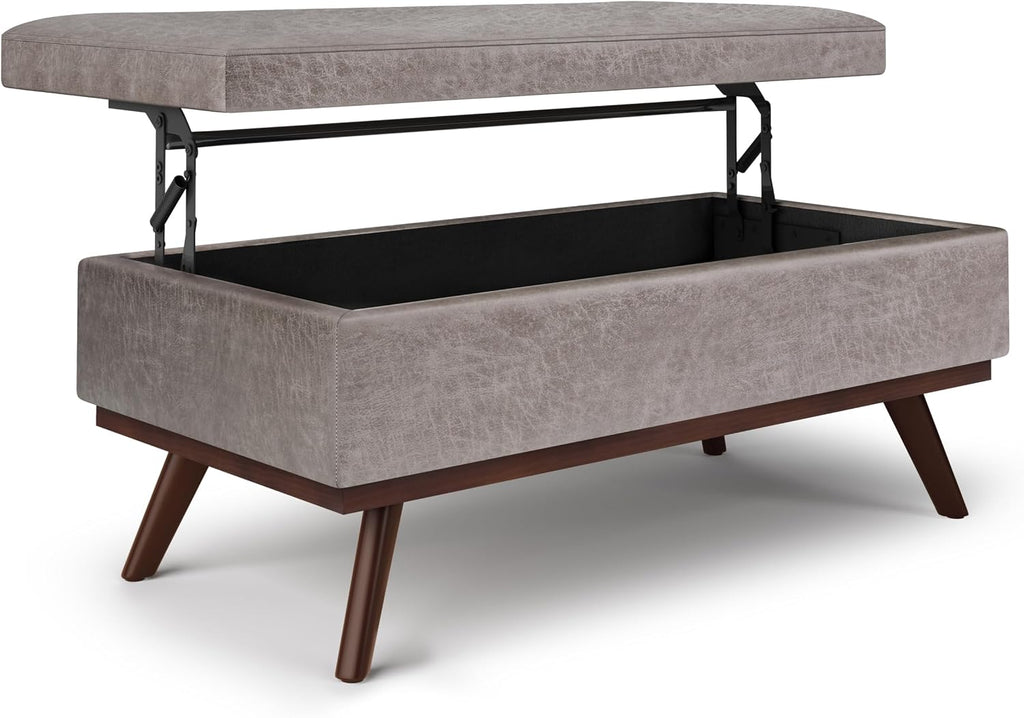SIMPLIHOME Owen Lift Top Coffee Table Storage Ottoman - 42 inch Wide Upholstered Vegan Leather Rectangular Lift-Top Ottoman in Distressed Grey Taupe, Mid-Century Modern Ottoman for Living Room