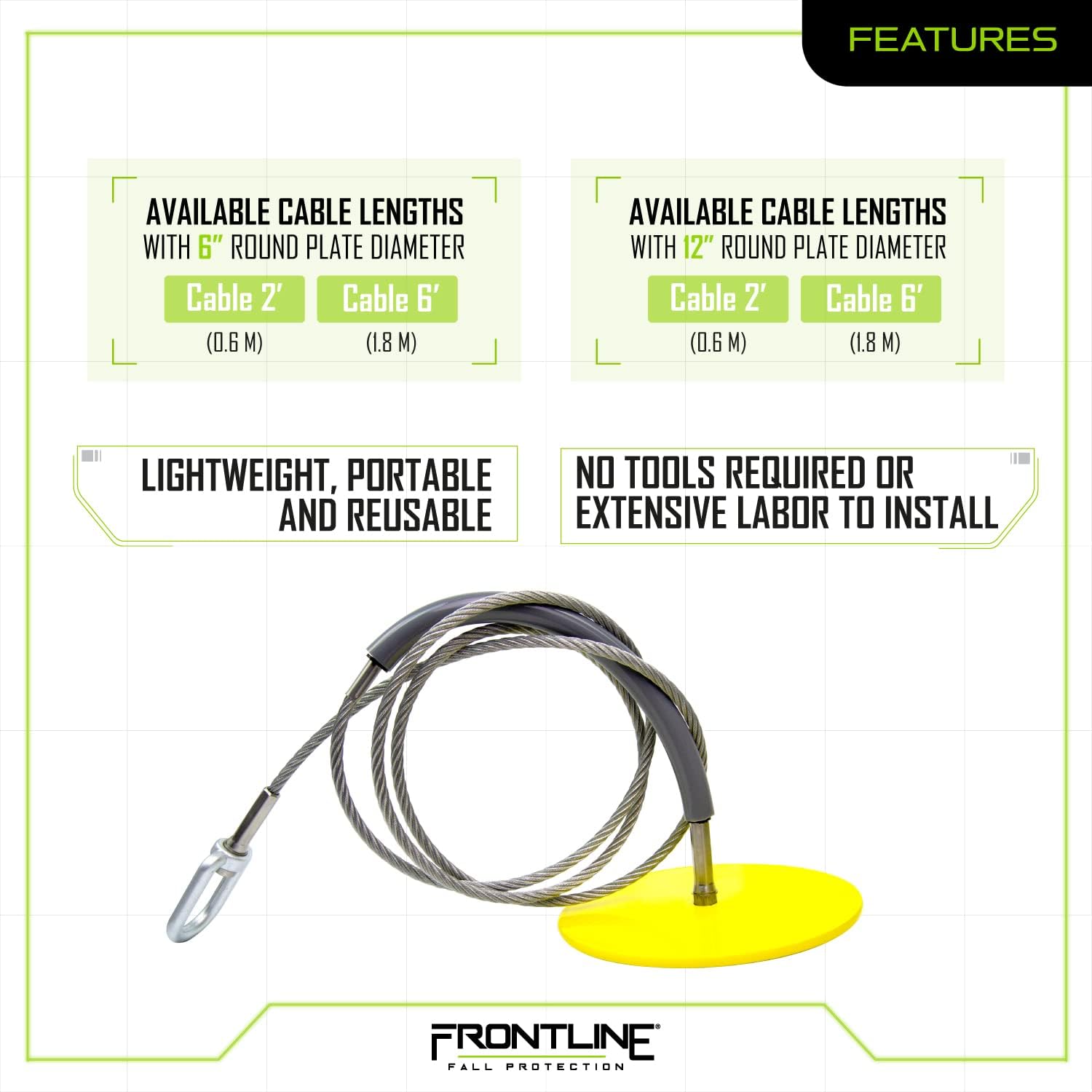 Frontline Fall Protection DT602 Drop Thru Anchor 6' Round Plate with 2' Cable | OSHA & ANSI Compliant | Removable and Reusable Anchor Point | Over Head Applications