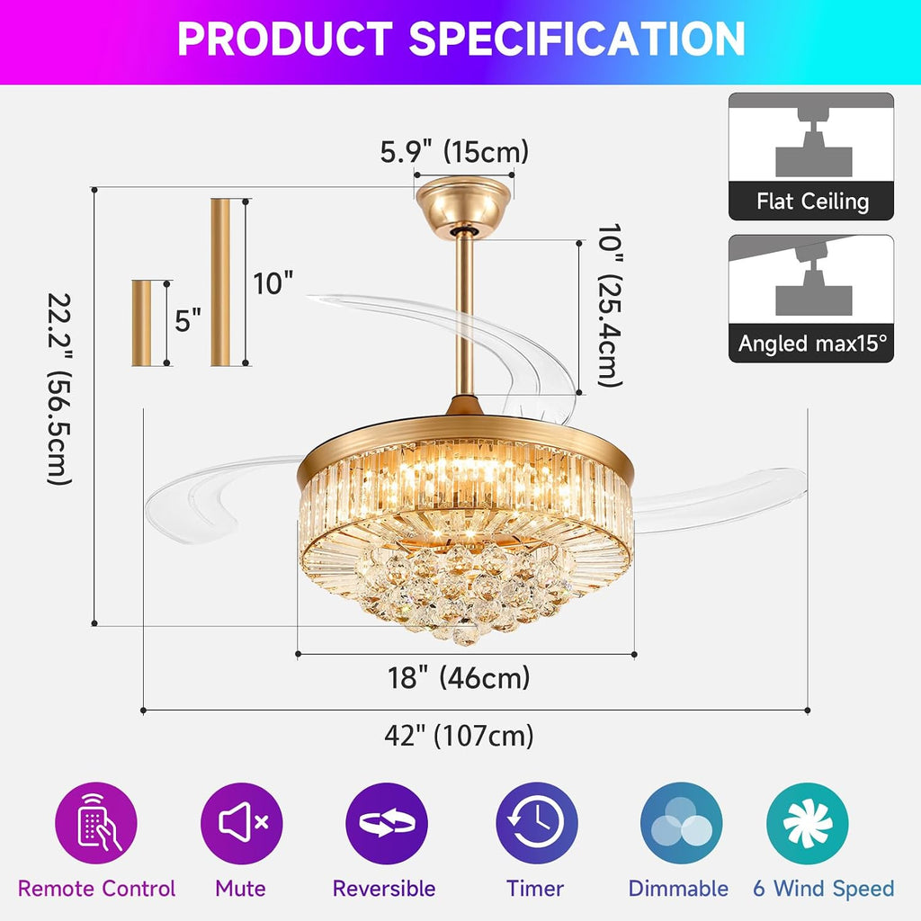 42 Inch Fandelier Ceiling Fans with Light - Retractable Crystal Ceiling Fan and Remote/APP Control, Noiseless DC Motor, RGB Dimmable Lights, Chandelier Ceiling Fan for Bedroom/Living Room Etc