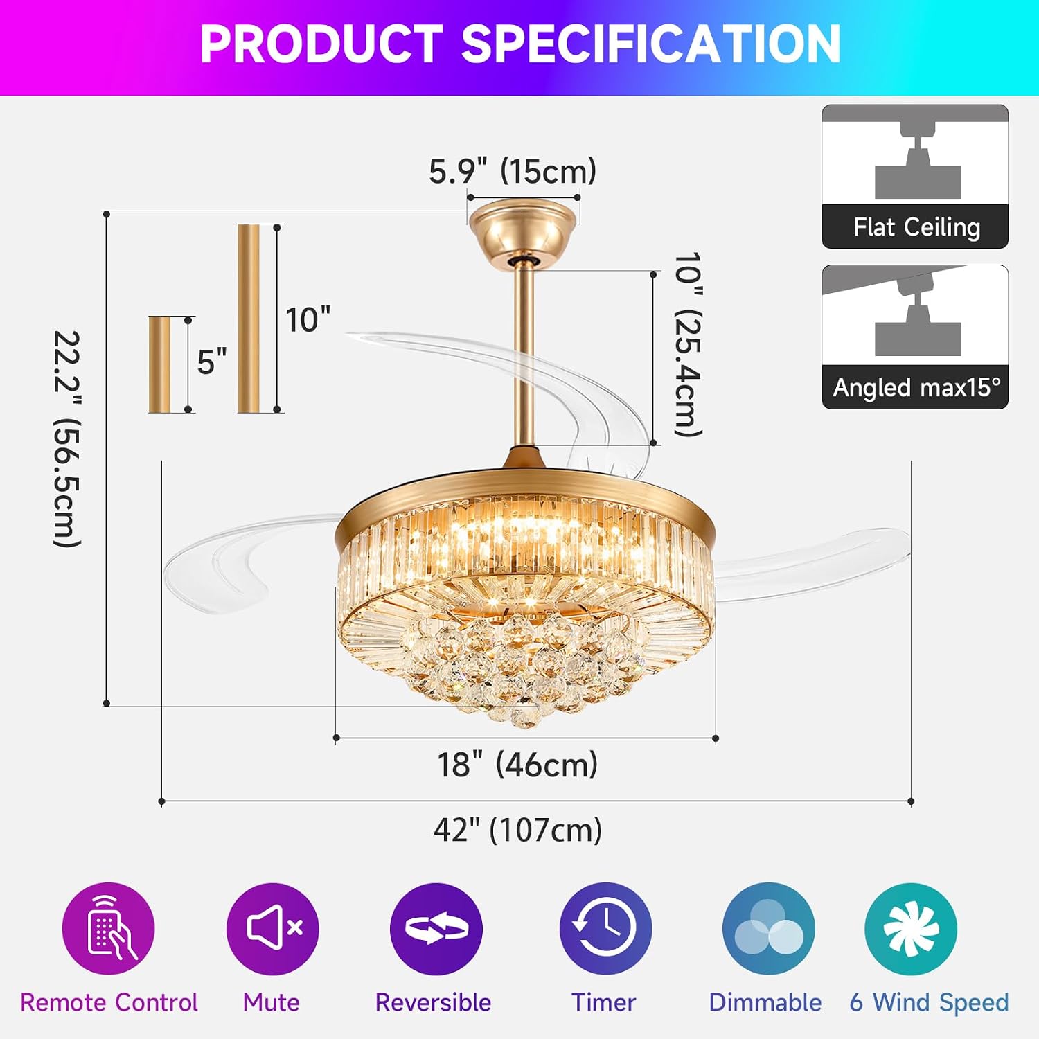 42 Inch Fandelier Ceiling Fans with Light - Retractable Crystal Ceiling Fan and Remote/APP Control, Noiseless DC Motor, RGB Dimmable Lights, Chandelier Ceiling Fan for Bedroom/Living Room Etc