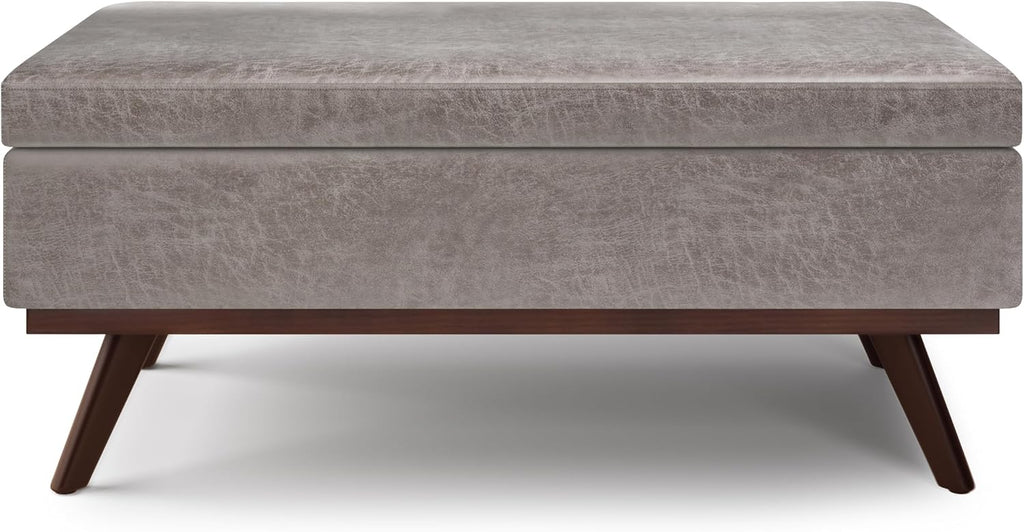 SIMPLIHOME Owen Lift Top Coffee Table Storage Ottoman - 42 inch Wide Upholstered Vegan Leather Rectangular Lift-Top Ottoman in Distressed Grey Taupe, Mid-Century Modern Ottoman for Living Room