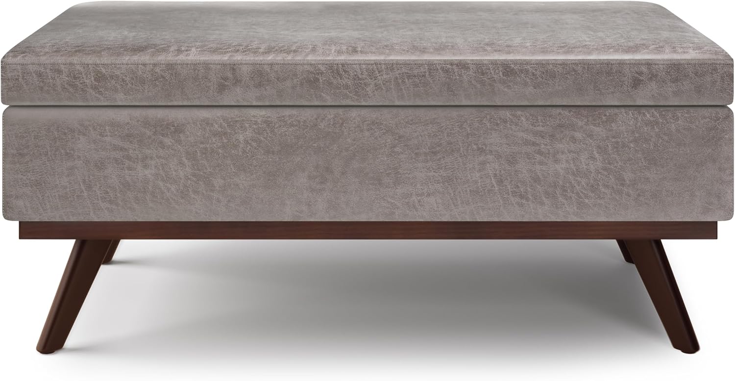 SIMPLIHOME Owen Lift Top Coffee Table Storage Ottoman - 42 inch Wide Upholstered Vegan Leather Rectangular Lift-Top Ottoman in Distressed Grey Taupe, Mid-Century Modern Ottoman for Living Room