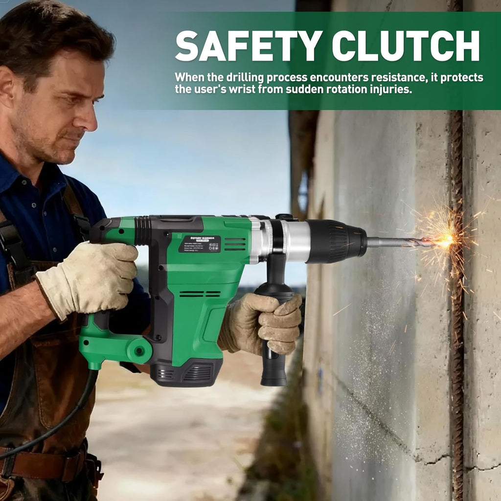 SDS Max Rotary Hammer Drill, 1-1/2 Inch 13 Amp Heavy and Duty Corded Concrete Demolition Hammer with 3 Functions, 6 Variable Speed, Safety Clutch, Vibration Control, 2 Chisels