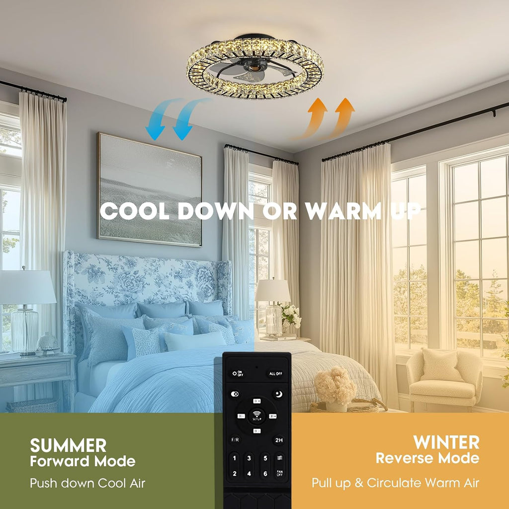 LUDOMIDE Flush Mount Ceiling Fan with Light, 22' Modern Crystal Chandelier Ceiling Fan with Smart 4-Light Color Change, Dimmable LED Ceiling Fan, 6 Wind Speeds, Low Profile Ceiling Fan for Bedroom