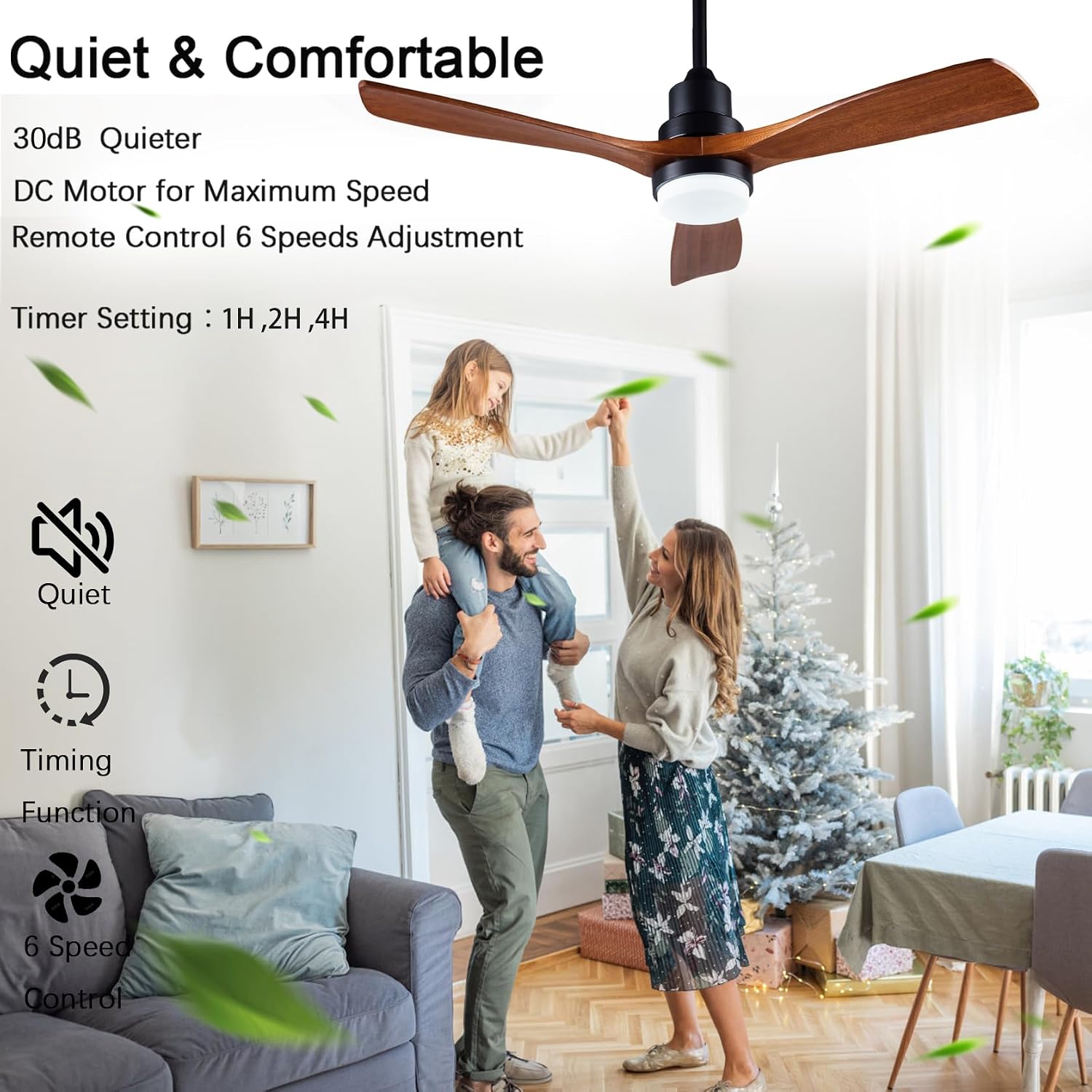 48' Wooden Ceiling Fans with Lighted Remote Control, Indoor Outdoor Wooden Ceiling Fan, Outdoor Modern Ceiling Fan with 3 Fan Blades for Patio, Living Room, Farmhouse, etc (Black + Walnut)