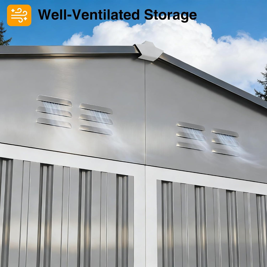 12 x 10FT Grey Outdoor Storage Shed, Metal Waterproof Shed Garden Tool Shed with Door and Lock Outdoor Storage,All-Weather Shelter for Bike, Gardening Tools, Lawn Mowers