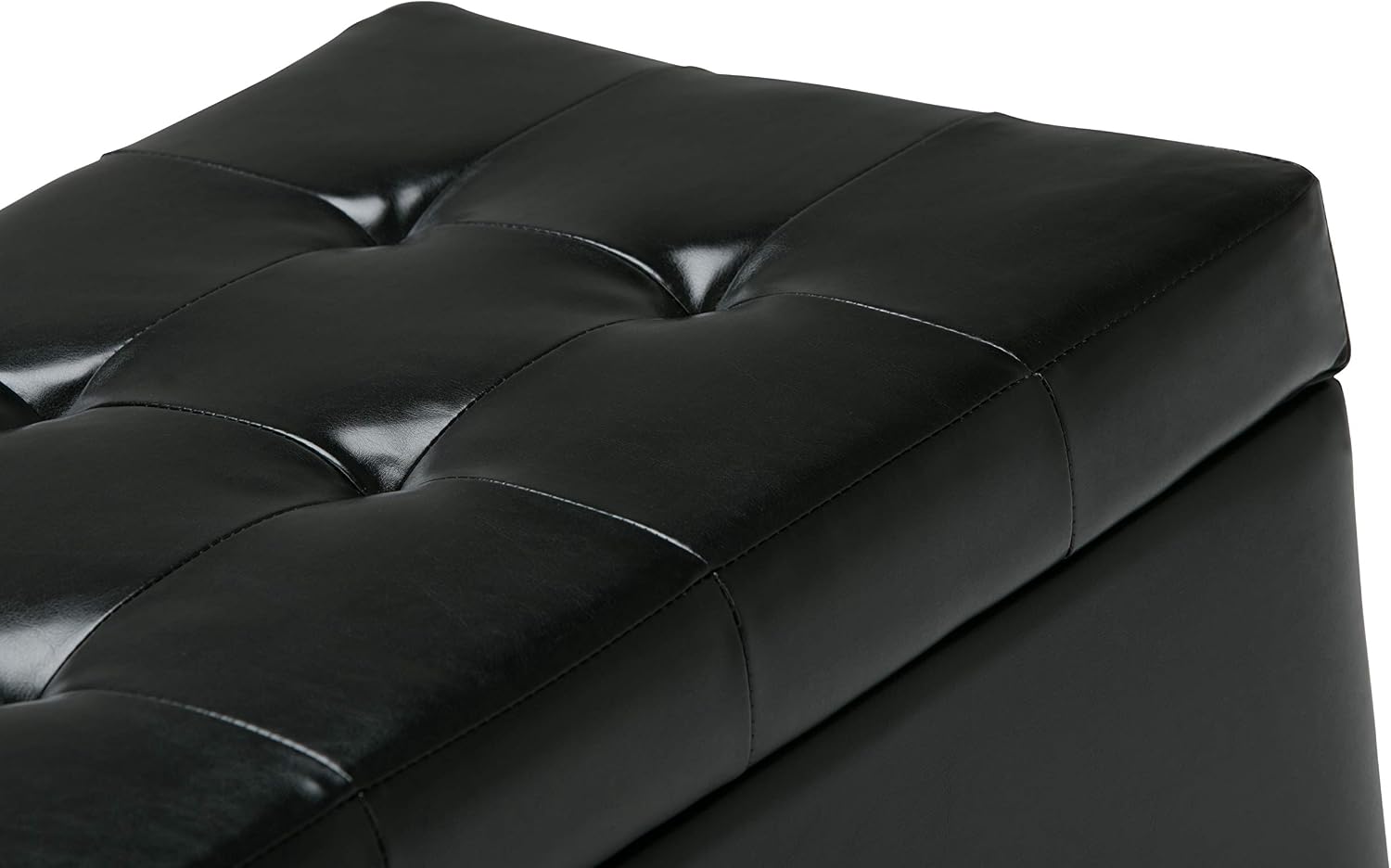 SIMPLIHOME Cosmopolitan Storage Ottoman - 34 inch Wide Upholstered Vegan Leather Rectangle Storage Ottoman Bench in Midnight Black, Transitional Tufted Ottoman for Living Room with Lift-Up Lid