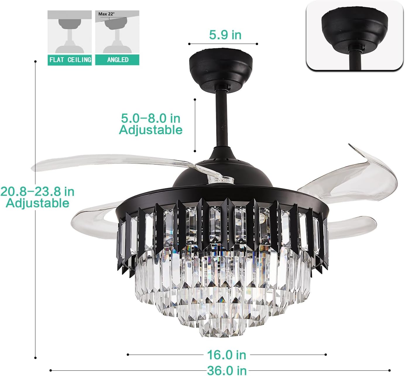 36' Dimmable Black Fandelier Ceiling Fans with Lights and Remote Modern Retractable Blade Chandelier Ceiling Fan for Bedroom Dinning Room Living Room