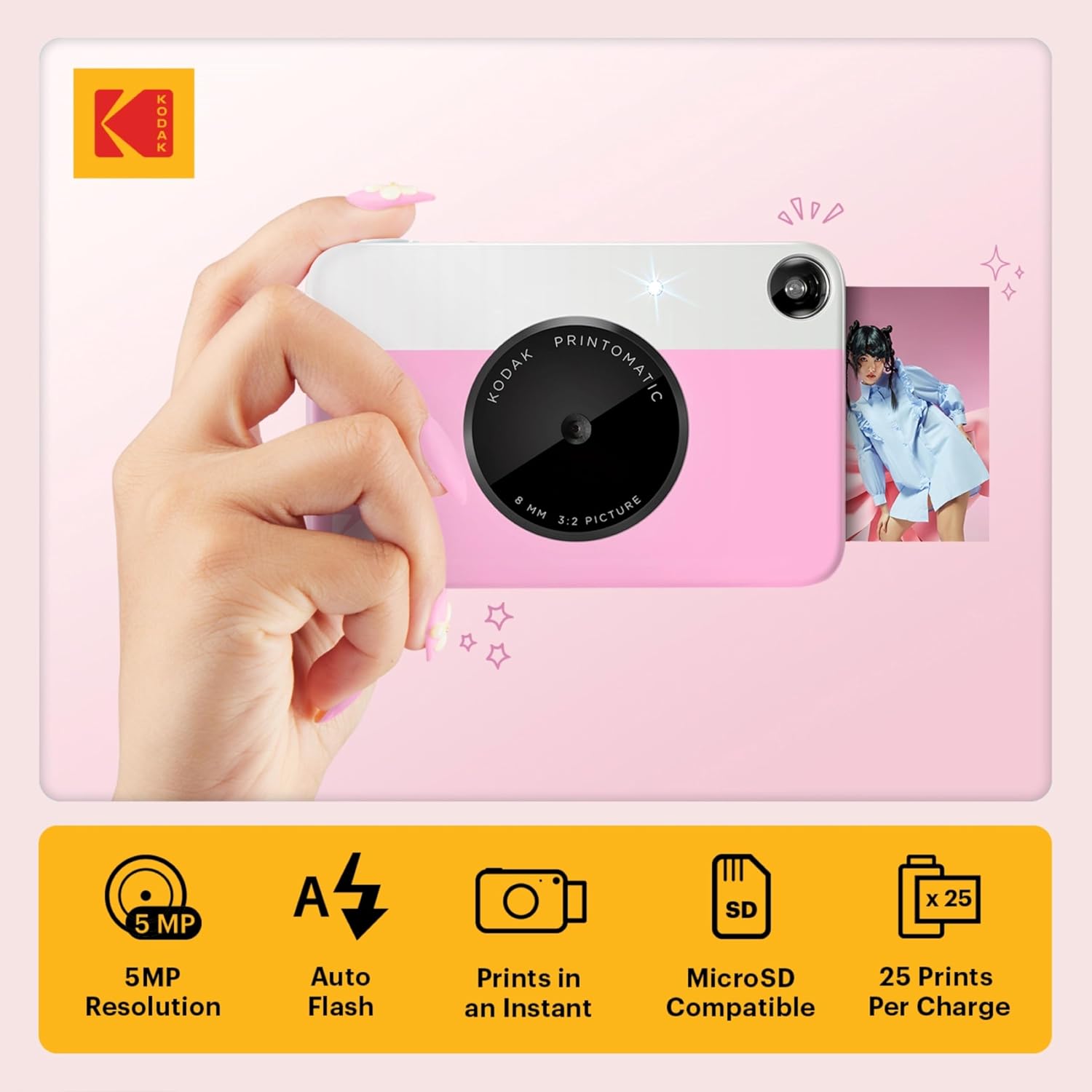 Kodak Printomatic Full-Color Instant Print Camera Gift Bundle + Soft Case + Zink 2x3 Sticky Back Photo Paper 20pk + Album + Sticker Sets + Sticker Frames + Hanging Frames + Markers, Fun Gift - Pink
