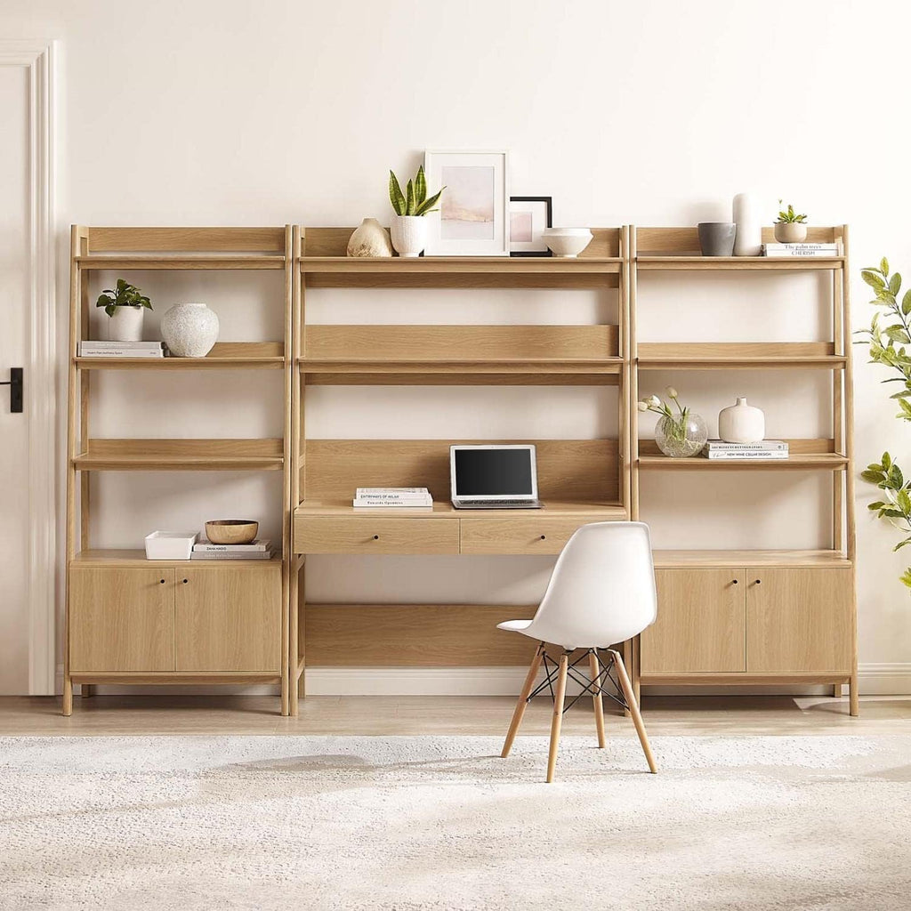 Modway 3-Piece Home Office Desk and Bookshelf Display Case in Oak