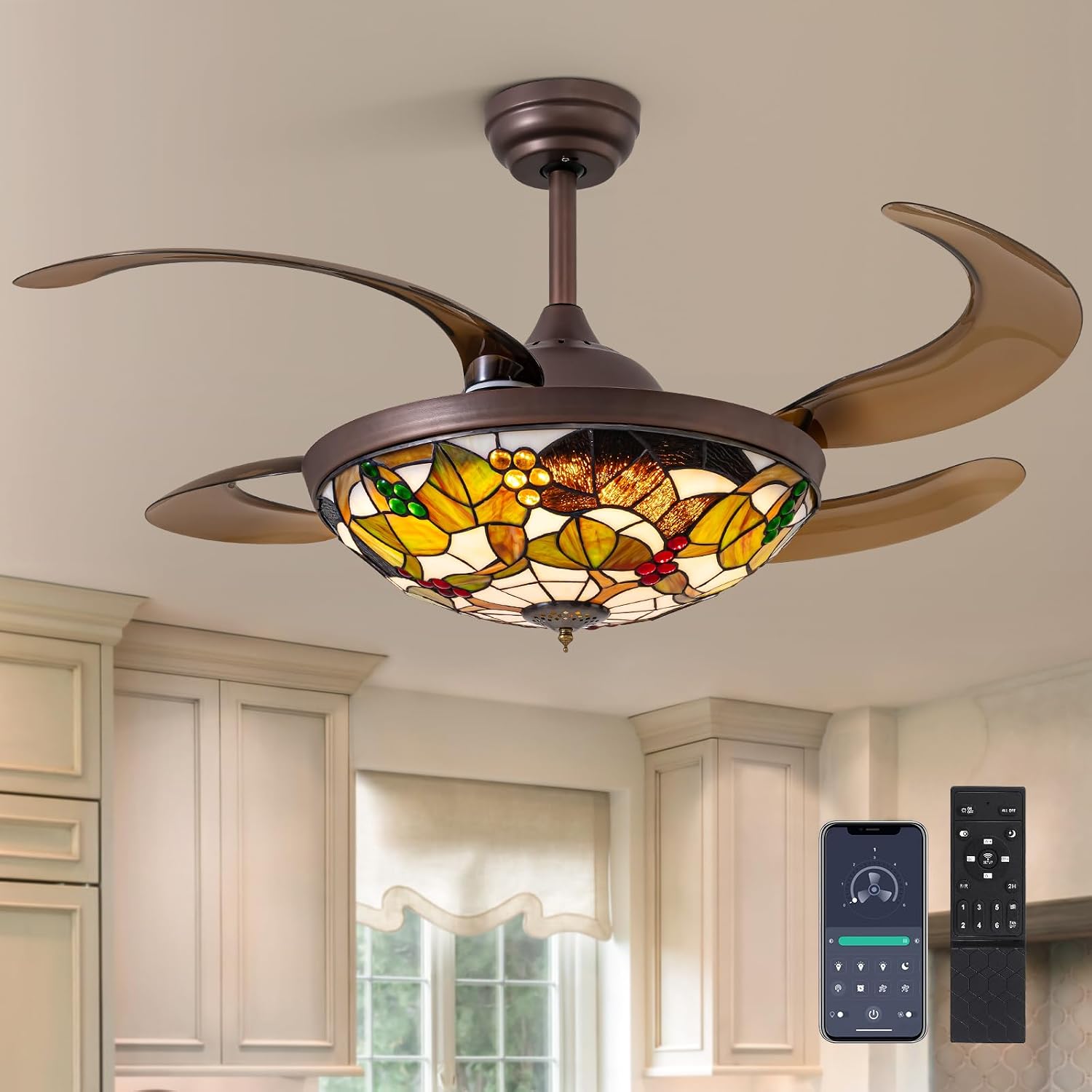 48' Tiffany Ceiling Fan with Light Colorful Fandelier Vintage Chandelier Fan 48 Inch Stained Glass Ceiling Fan Retractable Blades Vintage Fandelier with Tiffany Light for Bedroom Living Room