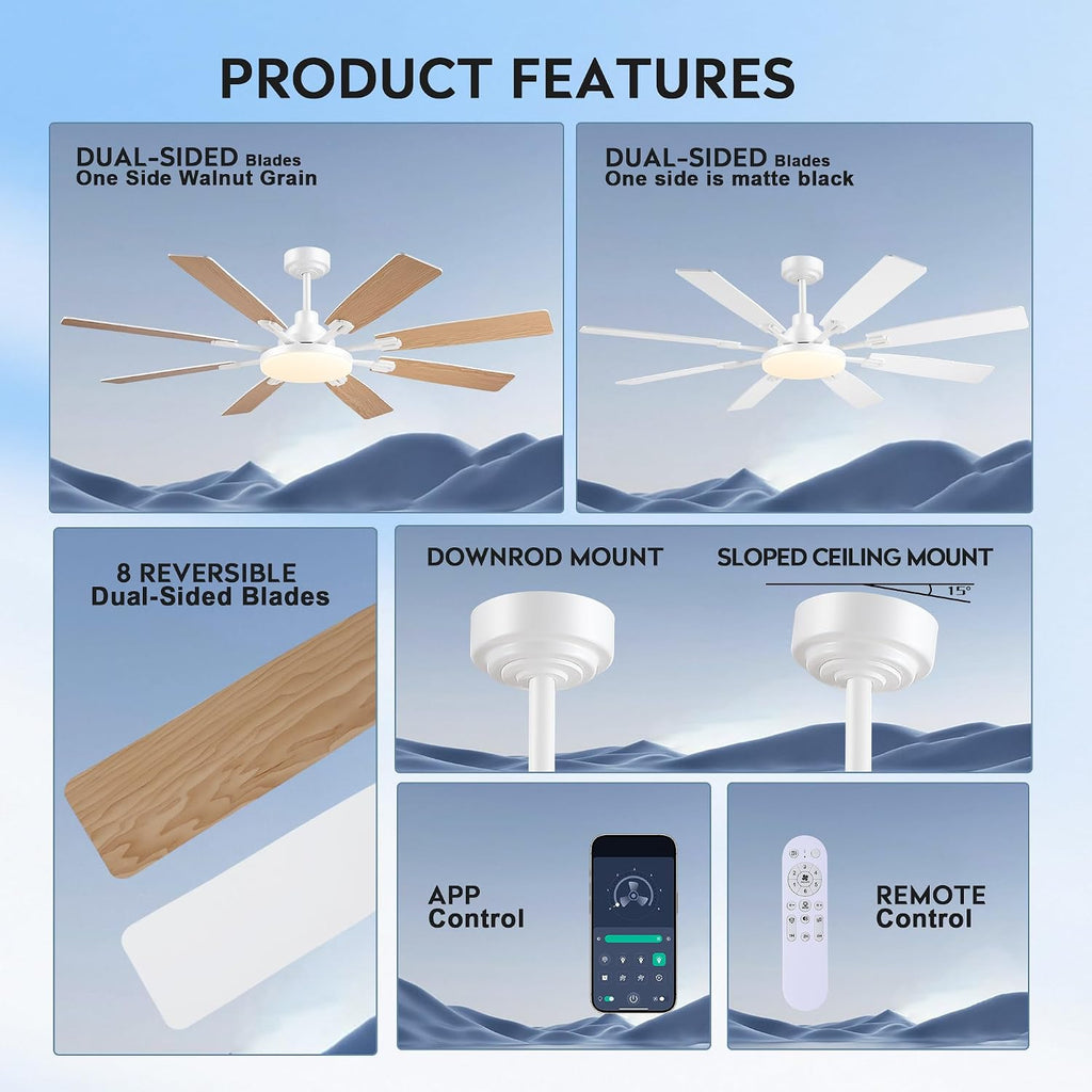 JSAITEE 60In Ceiling Fans with Lights - White Low Profile Fan Light with 8 Blades, 6 Wind Speeds Reversible, Dimmable, Modern Light Fixture for Indoor Living Room, Kitchen, Coverd Patios
