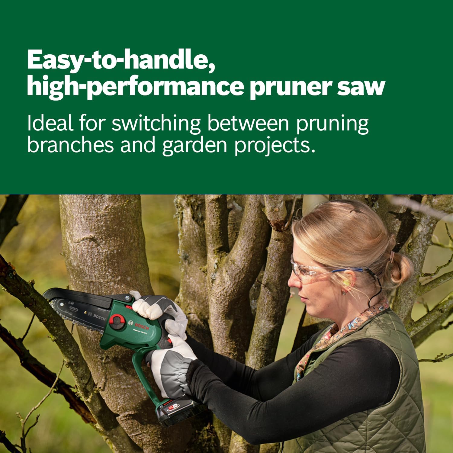 Bosch Home and Garden Cordless Compact Pruner Saw EasyChain 18V-15-7 (for Cutting Through Wood; 18 Volt System; Chain Speed: 6.95m/s; Without Battery)