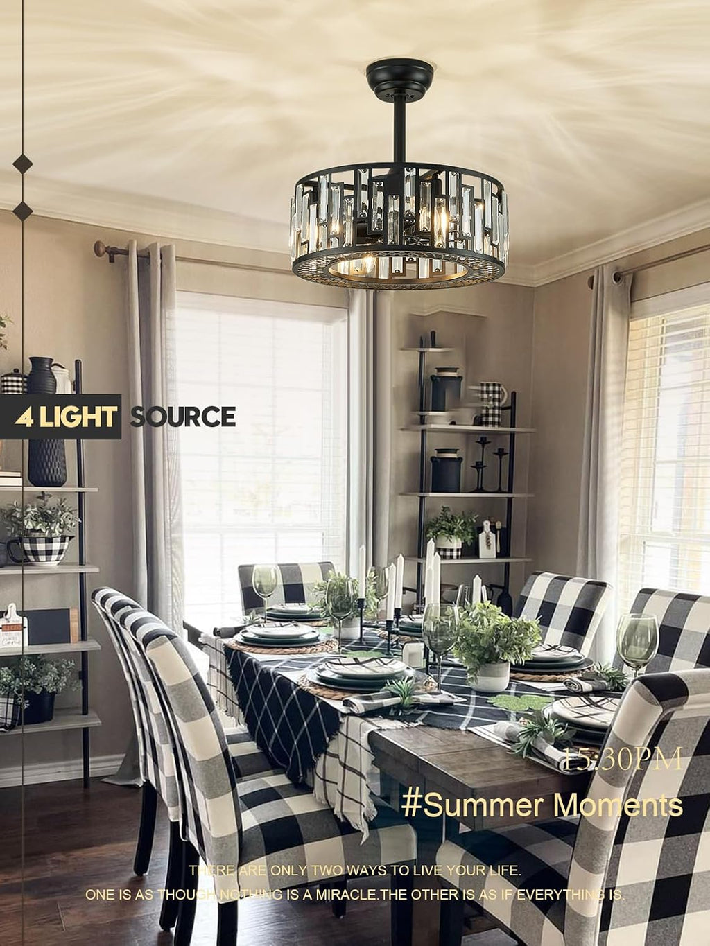Crystal Caged Ceiling Fan Light Modern Black Fandelier with Remote Control Bladeless Ceiling Fan Lighting for Bedroom Dining Room Kitchen Living Room